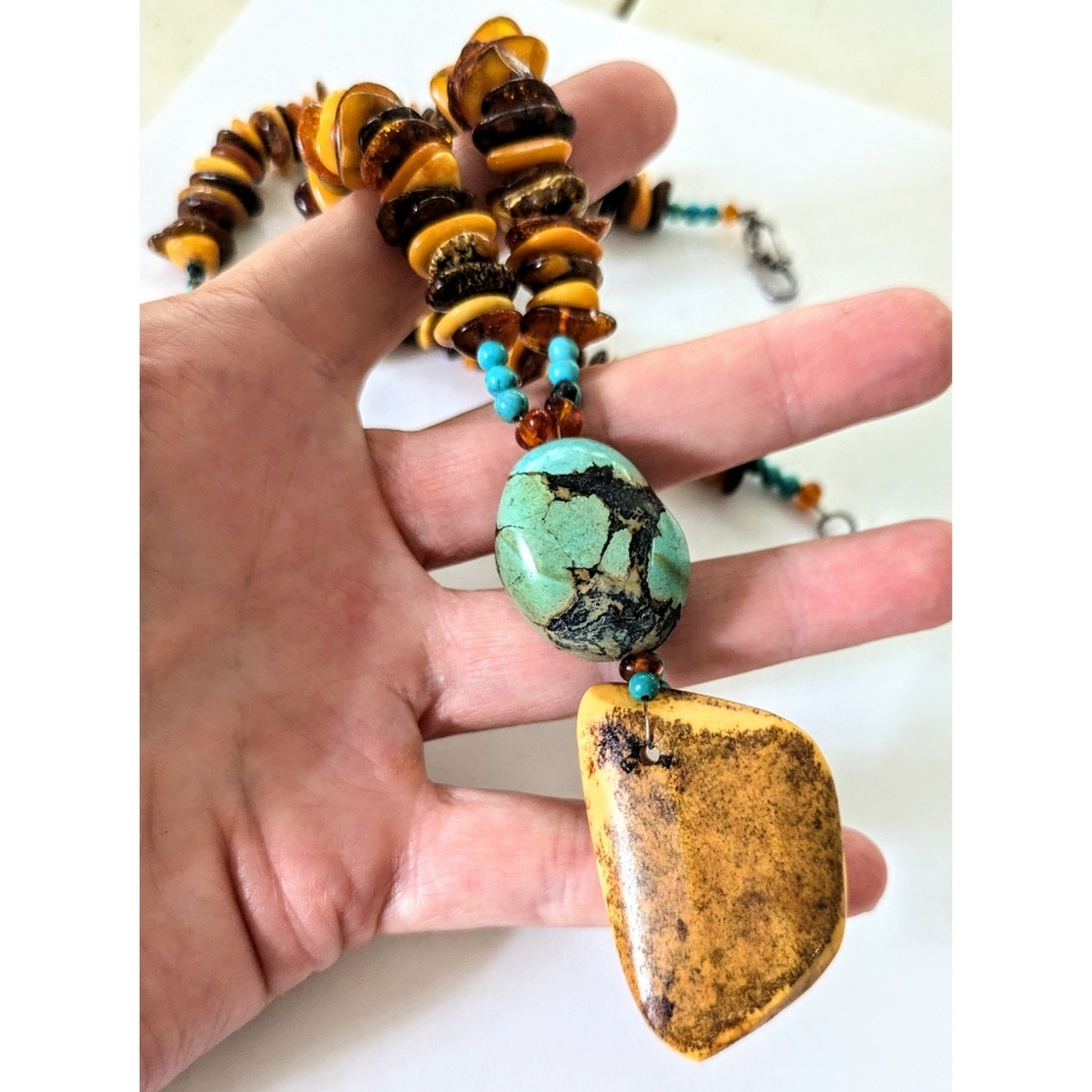Sterling Egg Yolk Baltic Amber Blue Turquoise Chunks Beaded Pendant Necklace 22" - Picture 10 of 12